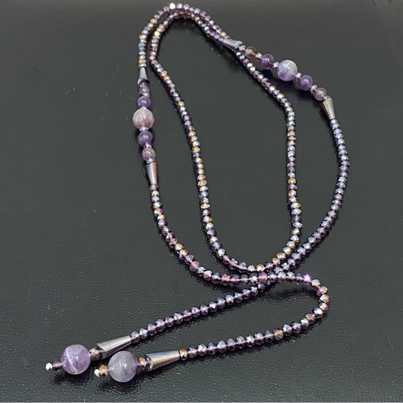 Handmade Amethyst Stone AB Purple Crystal Beads Lariat 40” Necklace - Picture 9 of 16